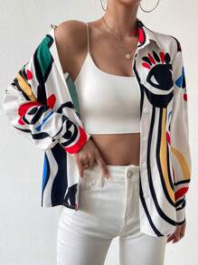 Chiquease Camisa De Botones Estampado De Dibujos Animados Con Mangas Enrolladas - Multicolor - Ver 5