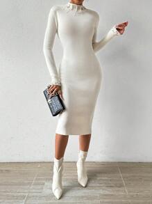SHEIN Clasi Cổ giả Đồ đan Ribbed Váy len bó sát - Màu be - Xem 5