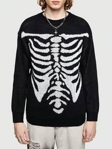 ROMWE MEN ROMWE Avant Guys Skeleton Pattern Sweater - Black - View 5