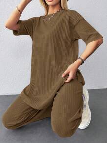 EURMUSE Của phụ nữ Thả vai Đồ đan Ribbed Áo Và Quần Bộ - Lạc đà - Xem 4