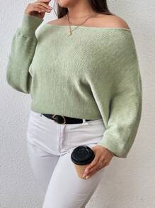 SHEIN LUNE Plus Off Shoulder Batwing Sleeve Sweater - Mint Green - View 1