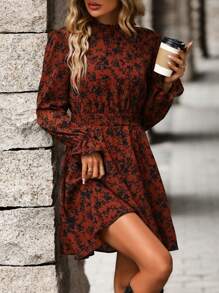 SHEIN LUNE Floral Print Flounce Sleeve Dress - Rust Brown - View 5