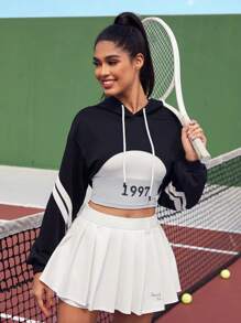 VARSITIE Đồ họa Chữ cái Khối màu Áo ba lỗ & Bảng điều khiển sọc Dây rút Áo hoodie ngắn - Đen và trắng - Xem 1