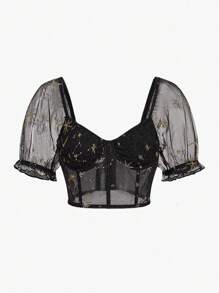 ROMWE Goth Ống tay áo Bustier Ngôi sao Lưới Áo - màu đen - Xem 1