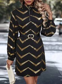 SHEIN LUNE Print Quarter Zip Lantern Sleeve Dress - Multicolor - View 7