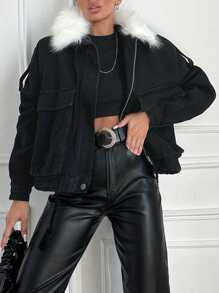 EURMUSE Borg Collar Drop Shoulder Denim Jacket - Black - View 4