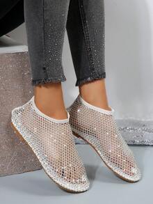 女性舒服的平底涼鞋帶後拉鍊&水鑽裝飾用品適合夏天 - 白色 - 查看 4