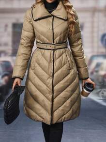 SHEIN Unity Contrast Binding Slant Pockets Belted Down&Feathers Coat - Khaki - View 3