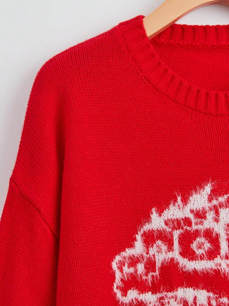 Women's Cartoon Pattern Drop Shoulder Knit Pullover Fall Winter Sweater