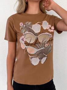EURMUSE T-Shirt mit Blume Muster, rundem Kragen,
