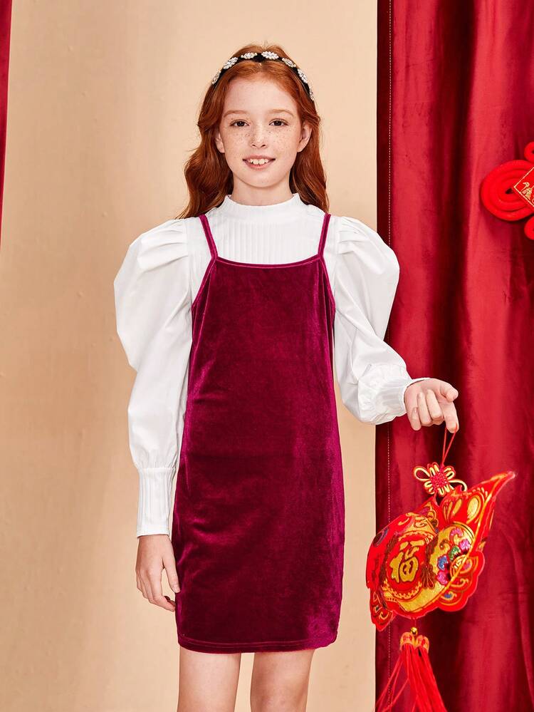 Girls' Knitted Solid Color Jumpsuit Set Including Long Sleeve Blouse With Fitted Leg-Of-Mutton Sleeve And Short Plush Cami Dress