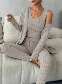 Solid Tank Top & Knot Waist Leggings & Robe Lounge Set Outfit - Apricot - View 1