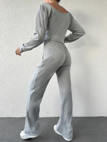 EURMUSE Solid Color Ribbed Pit T-shirt And Straight-leg Pants Two-piece Set - Grey - View 2