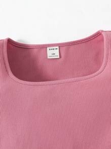 SHEIN Tween Girl Y2K 风格浆果粉色罗纹针织弹力紧身衣，百搭、全年穿着，适合日常穿着、街头摄影和城市漫步 - 藕粉色 - 查看 6