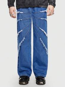 ROMWE MEN Street Life Men Straight Leg Denim Jeans With Frayed Hem - Blue - View 3