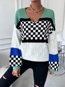 SHEIN Essnce 棋盤格圖案撞色落肩袖套頭毛衣 - 彩色 - 查看 5
