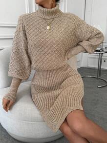 SHEIN Clasi Áo cao cổ tay cánh Viền chia cắt Đầm Áo len - Màu Khaki - Xem 3