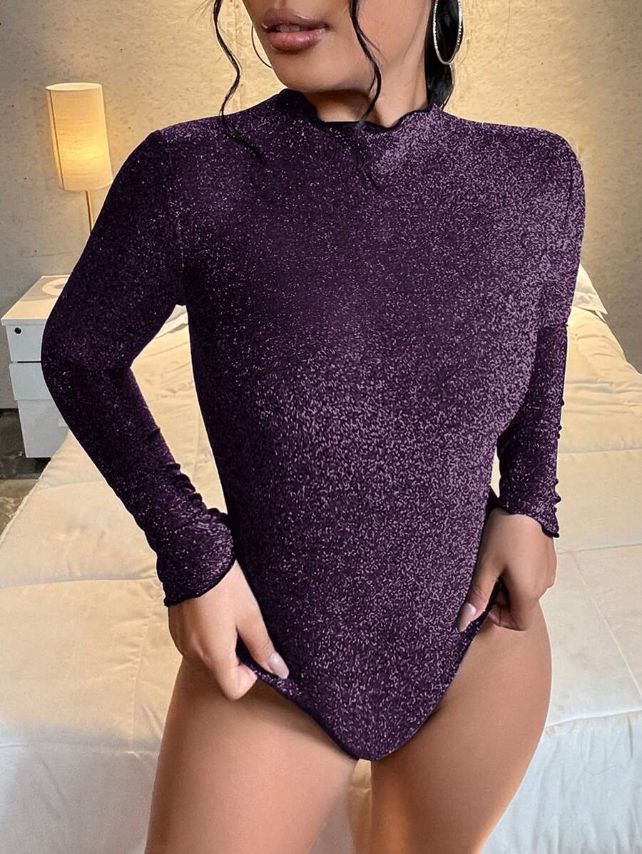 SHEIN SXY Của phụ nữ Kim loại Sáng bóng Đứng cổ áo Áo liền quần chặt - Màu tím - Xem 1
