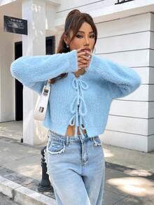 SHEIN Qutie Nút phía trước Thả vai Áo len Mở - Màu xanh lam - Xem 3