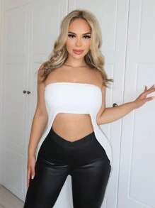 SHEIN SXY Top Blanco Asimétrico Sin Tirantes Para Mujer, Sexy Clubwear Con Dobladillo Alto-bajo - Blanco - Ver 3