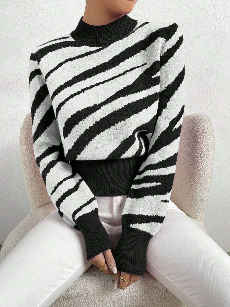 SHEIN Essnce 斑馬條紋圖案毛衣 - 黑與白 - 查看 1