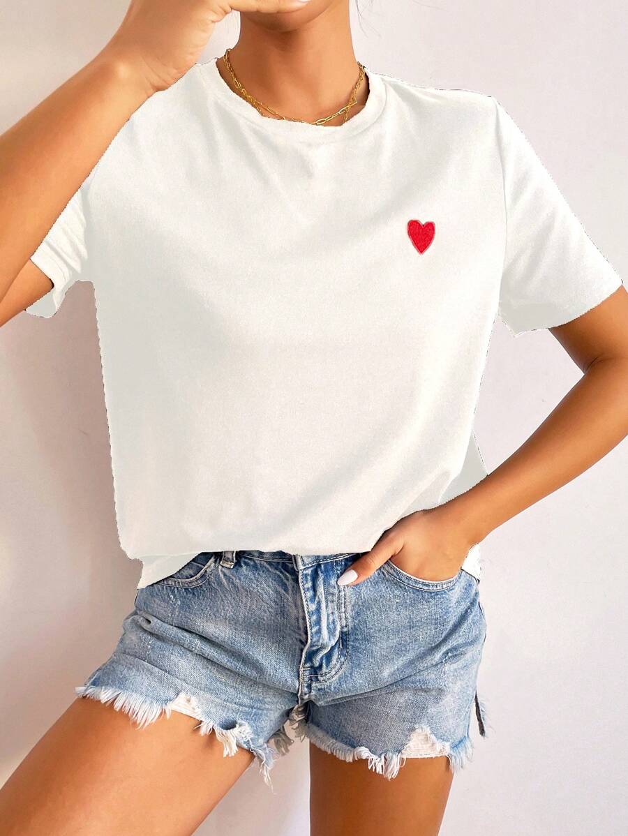 EURMUSE Heart Embroidery Round Neck Tee - White - View 1