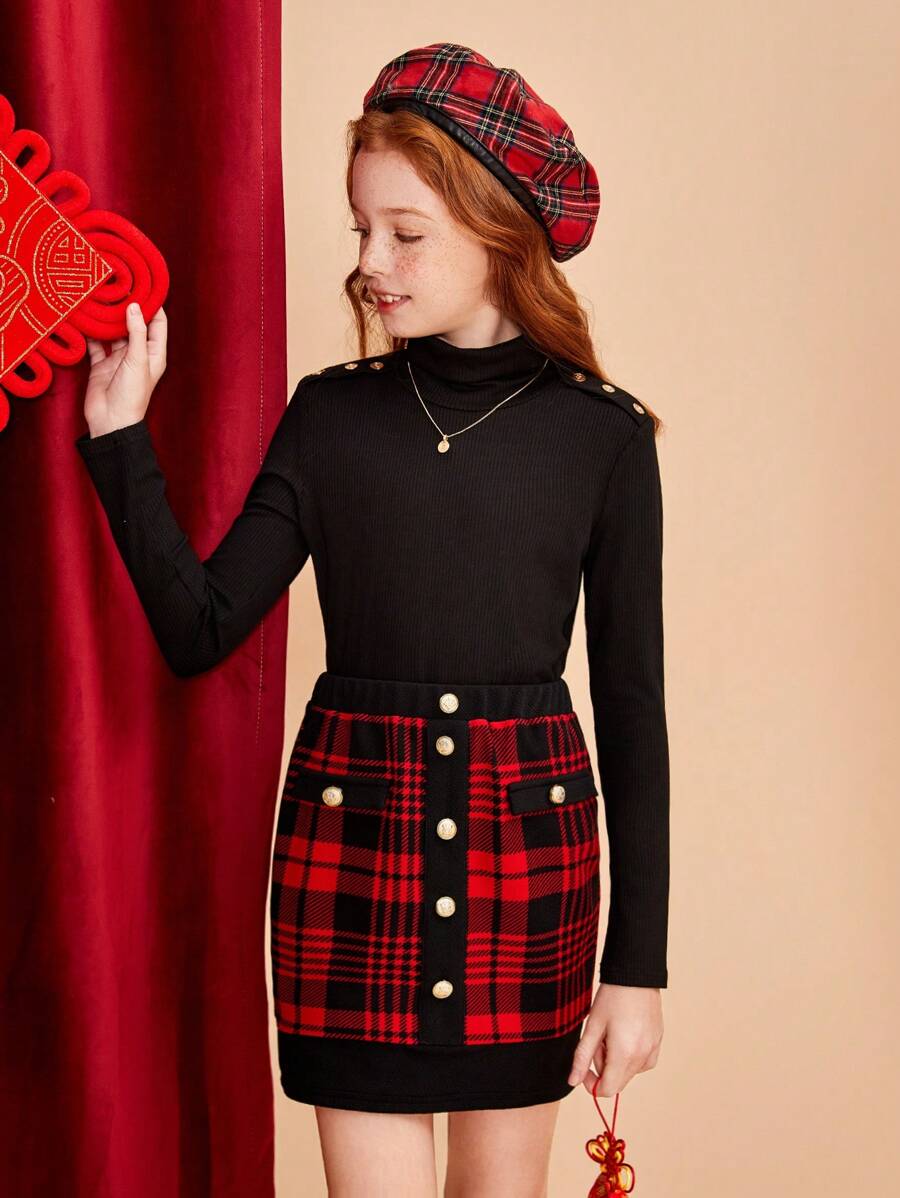 SHEIN Tween Girl Knitted Solid Color Stand Collar Top And Knitted Plaid