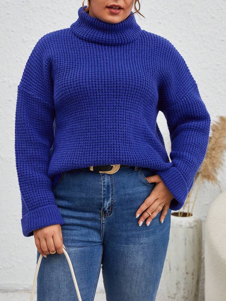 Women'S Plus Size Turtleneck Solid Color Drop Shoulder Sweater