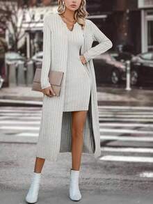 SHEIN Clasi Solid Tank Dress & Open Front Coat Without Belt - Grey - View 3