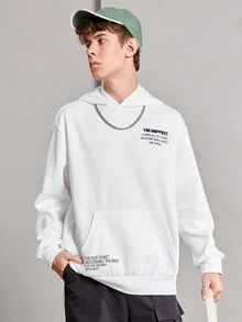 青少年男孩标语图案袋鼠口袋保暖卫衣 - 白色 - 查看 4