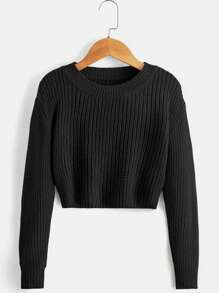 SHEIN Cô gái Tween Chất rắn Thả vai Áo len - màu đen - Xem 1