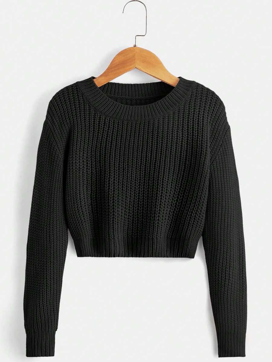 SHEIN Cô gái Tween Chất rắn Thả vai Áo len - màu đen - Xem 1