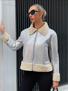 EURMUSE Women's Patchwork Fabric Zipper Closure Jacket With Diagonal Pockets - Silver - View 4