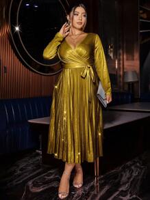 Allurite Plus Surplice Neck Pleated Hem Knot Front Dress - Gold - View 3