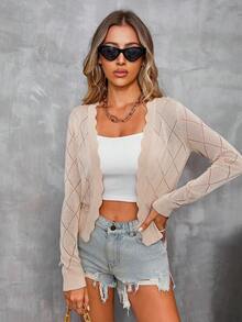 AAmilife Lattice Tay áo dài Áo len Mở Đối với phụ nữ Với Vỏ sò Chi tiết - Màu be - Xem 5