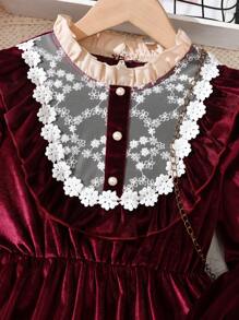 Tween Girl Contrast Lace Ruffle Trim Flare Sleeve Dress - Burgundy - View 6