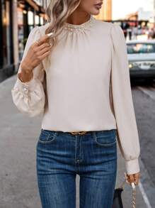 SHEIN Clasi 珍珠串珠燈籠袖襯衫 - 杏色 - 查看 4