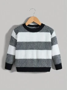 SHEIN 男小童條紋圖案套頭毛衣 - 黑色 - 查看 1