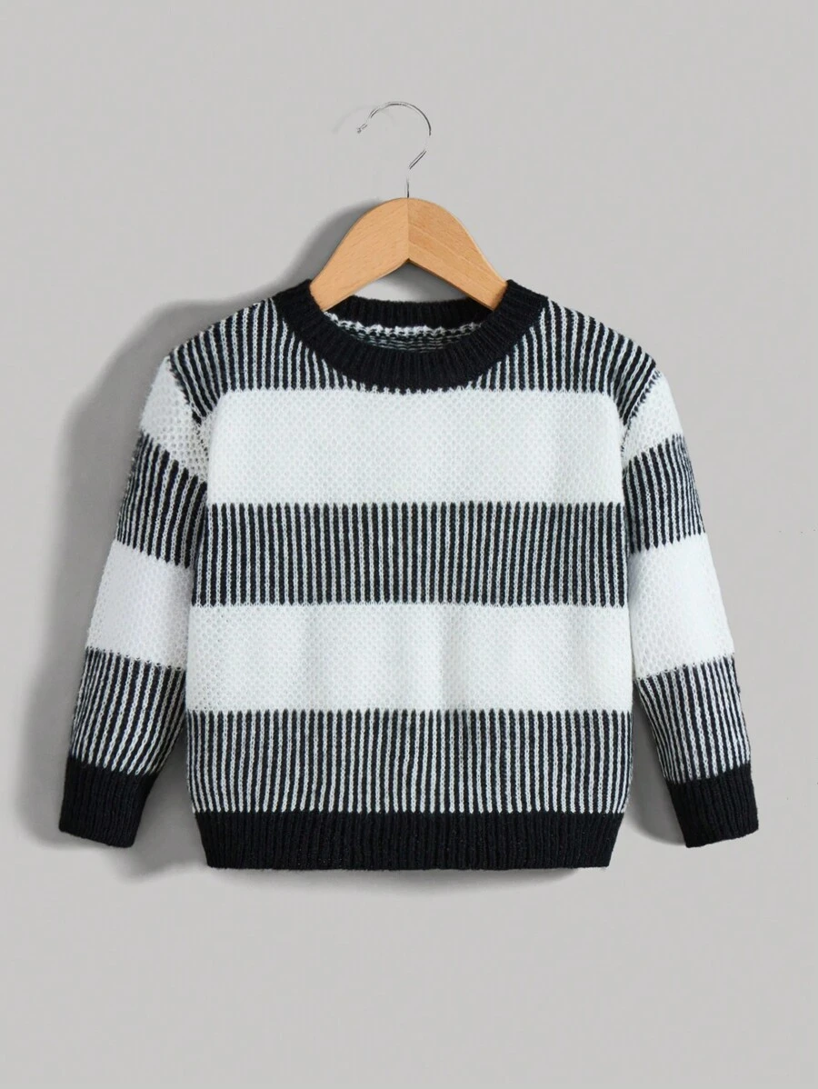 SHEIN 男小童條紋圖案套頭毛衣 - 黑色 - 查看 1
