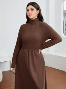 Seusyu Plus Size Solid Color High Collar Long Sleeve Arabic Clothing - Coffee Brown - View 5