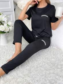 Letter Graphic Tee & Pants PJ Set / Pajama Set - Black - View 5