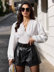 EURMUSE Women's Lace Patchwork Shirred Shirt - White - View 5