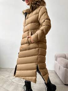 EURMUSE Màu thuần Dài Đệm Áo khoác Với Frayed Vòng cổ Cạnh Đối với phụ nữ - Lạc đà - Xem 6