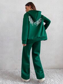 SHEIN Unity Letter Graphic Drop Shoulder Hoodie & Sweatpants - Green - View 3