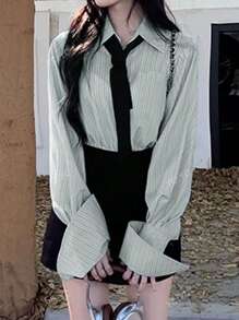Ladies Formal School Style Long Sleeve Striped Shirt With Tie