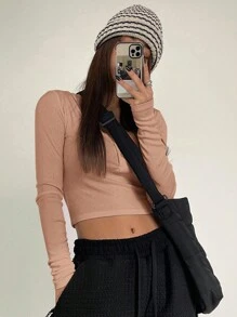 DAZY Solid Color Button Placket Half-Sleeve Cropped T-Shirt,Fall Clothes Long Sleeve Women Tops