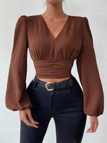 SHEIN Privé Tay áo lồng đèn Xù Áo sơ mi Crop - Rỉ Nâu - Xem 1