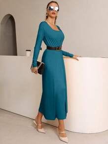 Mulvari Solid Cami Bodycon Dress & Open Front Coat - Teal Blue - View 6