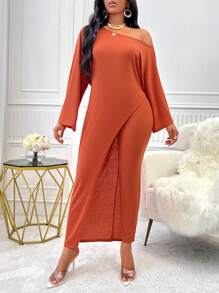 SOLERSUN Asymmetrical Neck Batwing Sleeve Tee & Leggings - Rust Brown - View 4