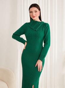 Modelyn Foldover Front Split Hem Sweater Dress - Green - View 6